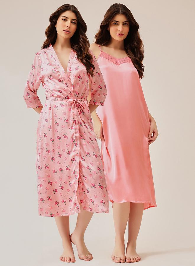 Clovia Pack of 2 - Floral Satin Robe and Slip Dress - Image 1
